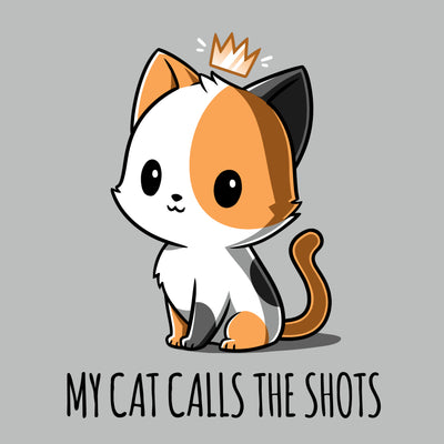 Premium Cotton T-shirt_TeeTurtle silver gray My Cat Calls the Shots apparel featuring a sitting calico cat with a floating crown, and the caption, “My Cat Calls the Shots”.