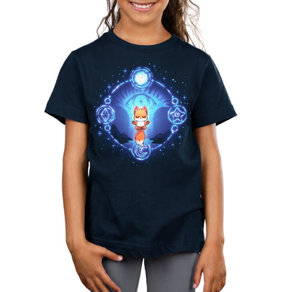 Premium Cotton T-shirt_TeeTurtle navy blue Mystic Fox apparel featuring a floating fox in a meditative position surrounded by a circle with mystical celestial symbols on it and a giant eye in the background.