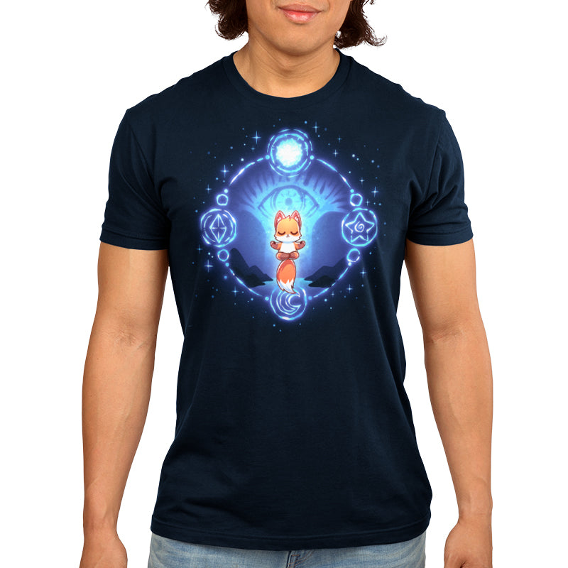 Premium Cotton T-shirt_TeeTurtle navy blue Mystic Fox apparel featuring a floating fox in a meditative position surrounded by a circle with mystical celestial symbols on it and a giant eye in the background.