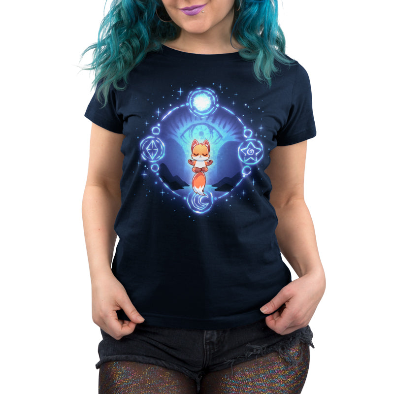 Premium Cotton T-shirt_TeeTurtle navy blue Mystic Fox apparel featuring a floating fox in a meditative position surrounded by a circle with mystical celestial symbols on it and a giant eye in the background.