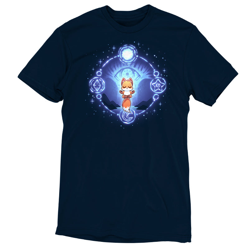 Premium Cotton T-shirt_TeeTurtle navy blue Mystic Fox apparel featuring a floating fox in a meditative position surrounded by a circle with mystical celestial symbols on it and a giant eye in the background.