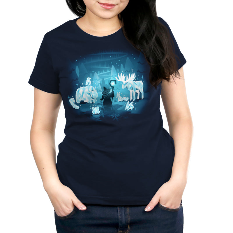 Premium Cotton T-shirt - featuring a shepherd in the woods holding their staff surrounded by beautiful and sparkling ice animals including a bear, stag, bunny, fox, and more