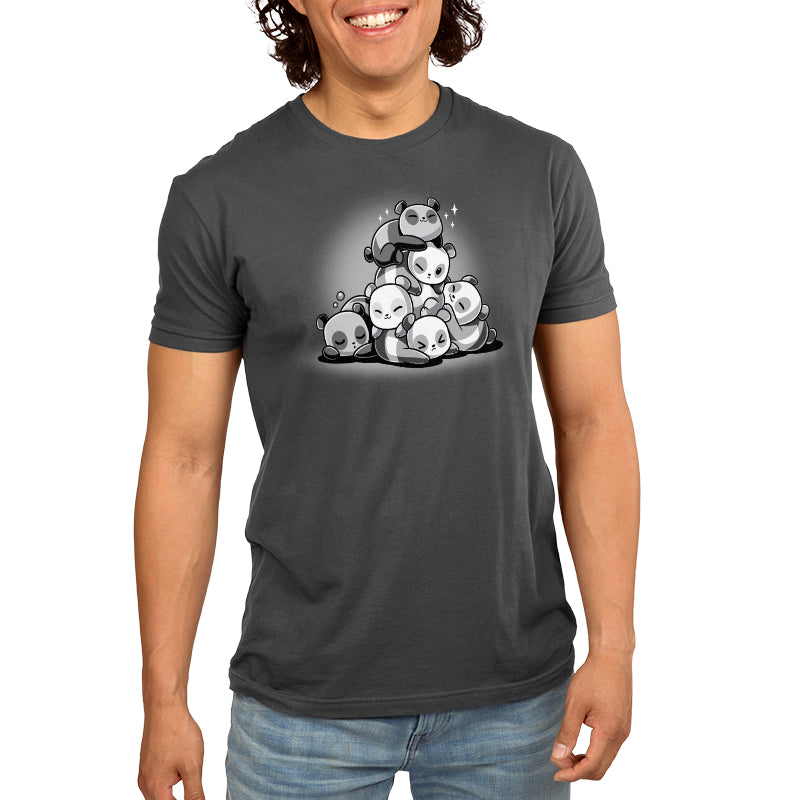 Premium Cotton T-shirt_TeeTurtle Panda Pile Charcoal Gray t-shirt featuring a group of cartoon pandas sleeping in a stack. 