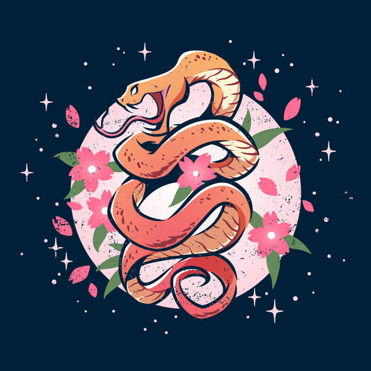 Premium Cotton T-shirt_TeeTurtle navy blue Enchanting Snake apparel featuring an orange snake coiling upwards with pink flowers and petals surrounding it.