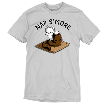A white monsterdigital t-shirt with a graphic of a cat sleeping on a s'more and the phrase "Nap S'more" above it, perfect for those who love kitty cuddles.