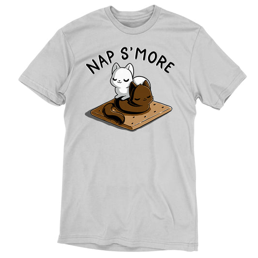 A white monsterdigital t-shirt with a graphic of a cat sleeping on a s'more and the phrase 