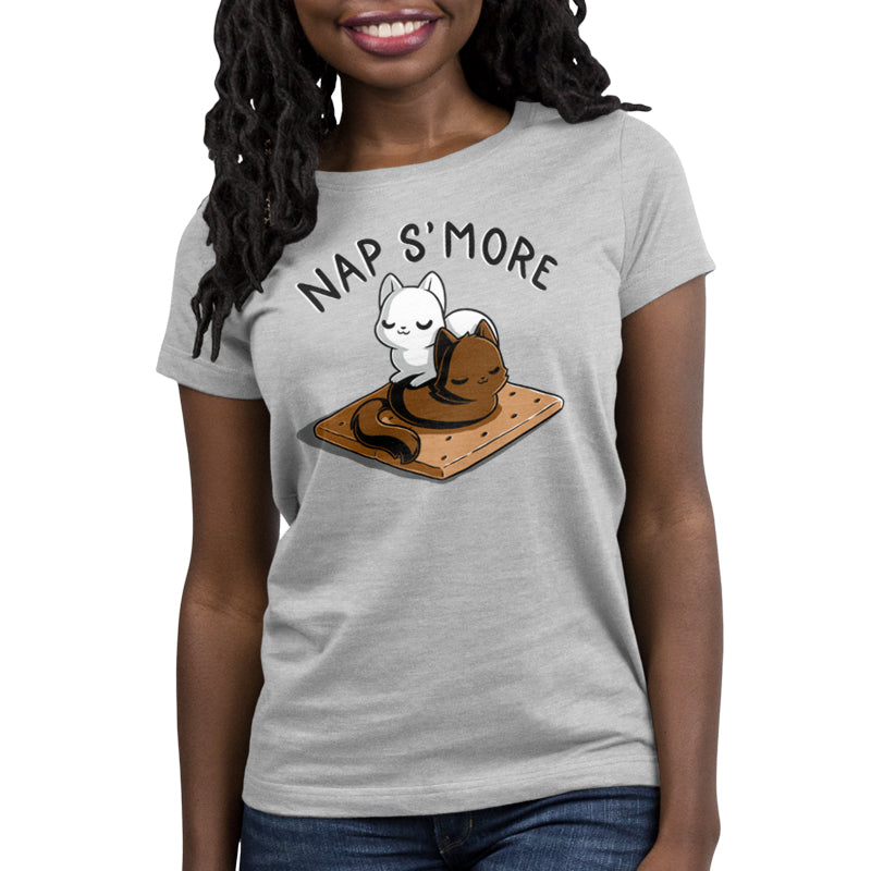A person wearing a gray monsterdigital Nap S'more shirt featuring an illustration of a marshmallow sleeping between a chocolate bar and a graham cracker, accompanied by the text "NAP S'MORE.