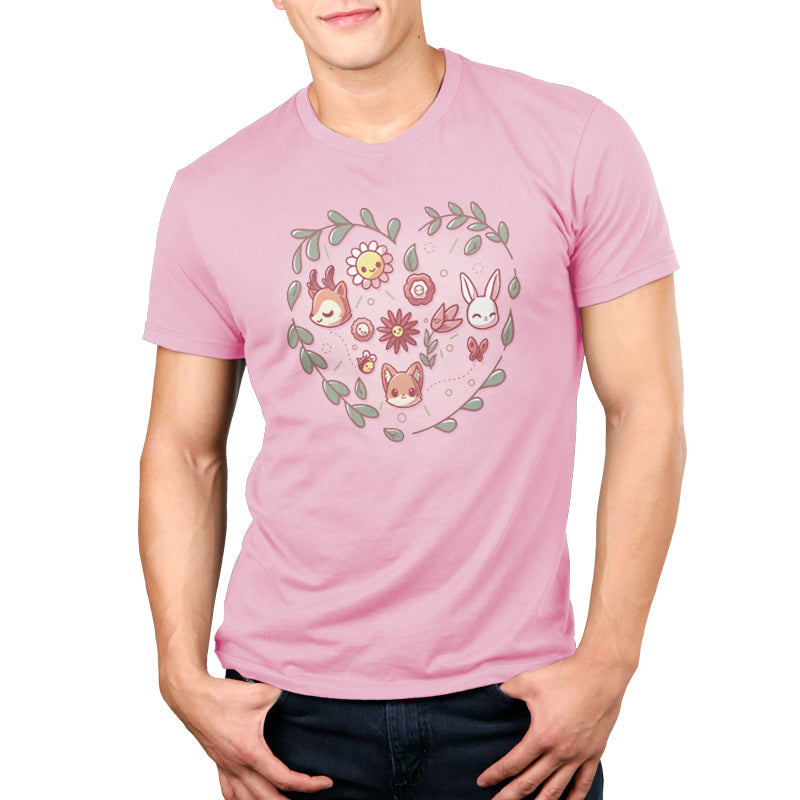 Premium Cotton T-shirt_TeeTurtle light pink Nature Lover apparel featuring a deer, fox, and rabbit with other forest elements framed by a leaf heart.