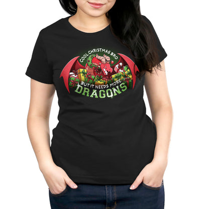 Premium Cotton T-shirt_TeeTurtle black Needs More Dragons apparel featuring a dragon with its wings cupping a pile of presents with the caption, "Cool Christmas bro, but it needs more dragons".