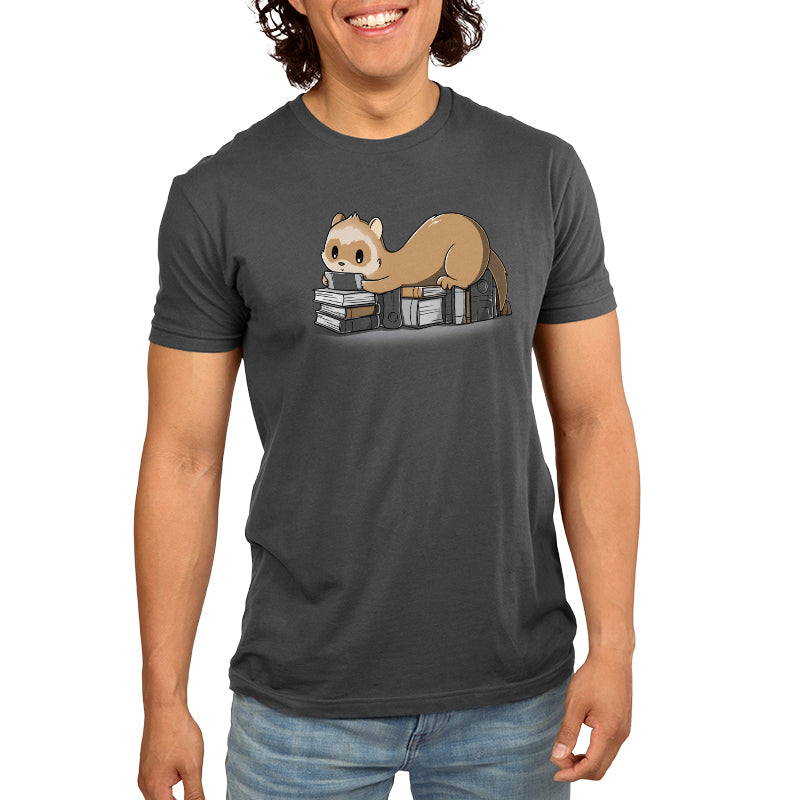 Premium Cotton T-shirt_TeeTurtle Nerdy and Proud charcoal gray t-shirt featuring a ferret laying on books and game consoles, playing a handheld game system.