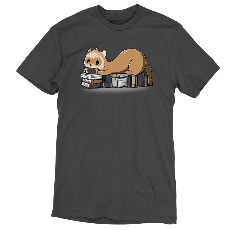 Premium Cotton T-shirt_TeeTurtle Nerdy and Proud charcoal gray t-shirt featuring a ferret laying on books and game consoles, playing a handheld game system.