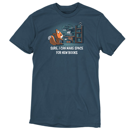 A blue unisex tee featuring a cartoon fox next to a pile of books, with the text 