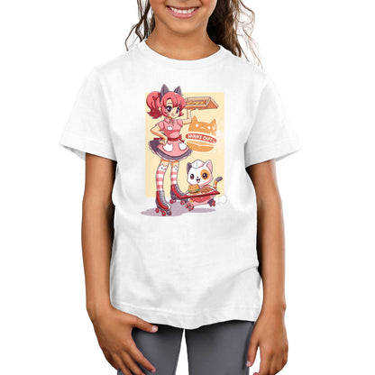 A child wearing a white Nyan’s Cafe kids t-shirt by monsterdigital with an anime-style illustration featuring a girl in a pink outfit and a cat character.