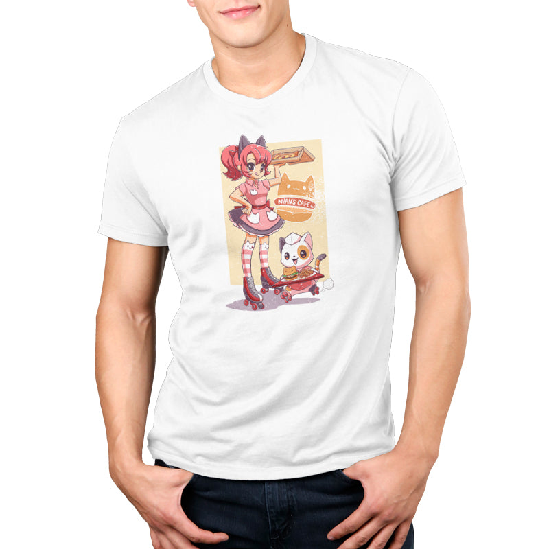 A person is wearing a white Kids T-shirt featuring an anime-style artwork of a girl with cat ears and a cat in a brown bag. The girl is standing and pointing, with "Nyan’s Cafe" text in the background. This stylish piece is from the brand monsterdigital.