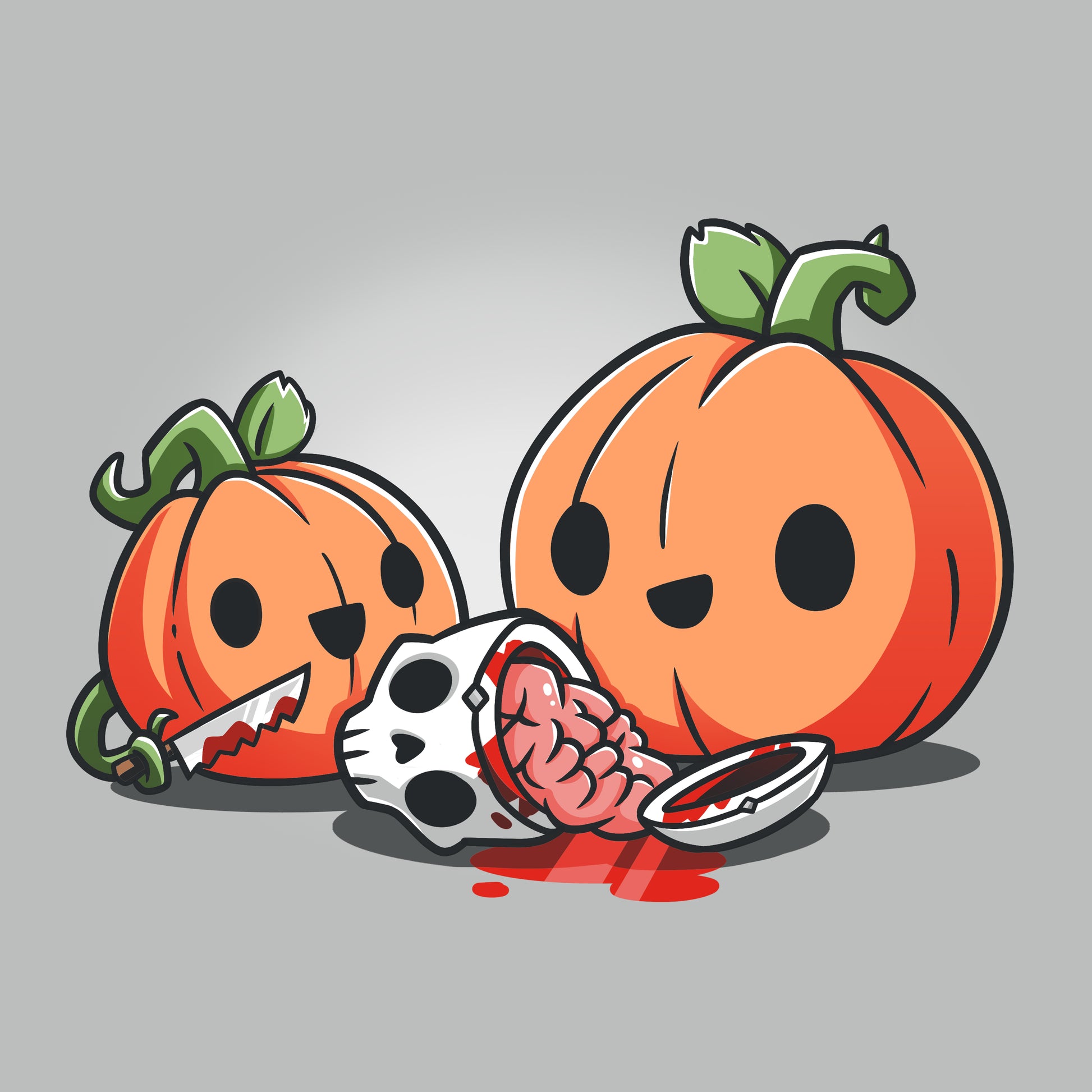 Two cartoon pumpkins with happy faces, one holding a knife, next to a skull with exposed brain and blood on the ground. Perfect for Halloween or true crime documentary enthusiasts, this Pumpkin Carving t-shirt by monsterdigital is made from super soft ringspun cotton for ultimate comfort.