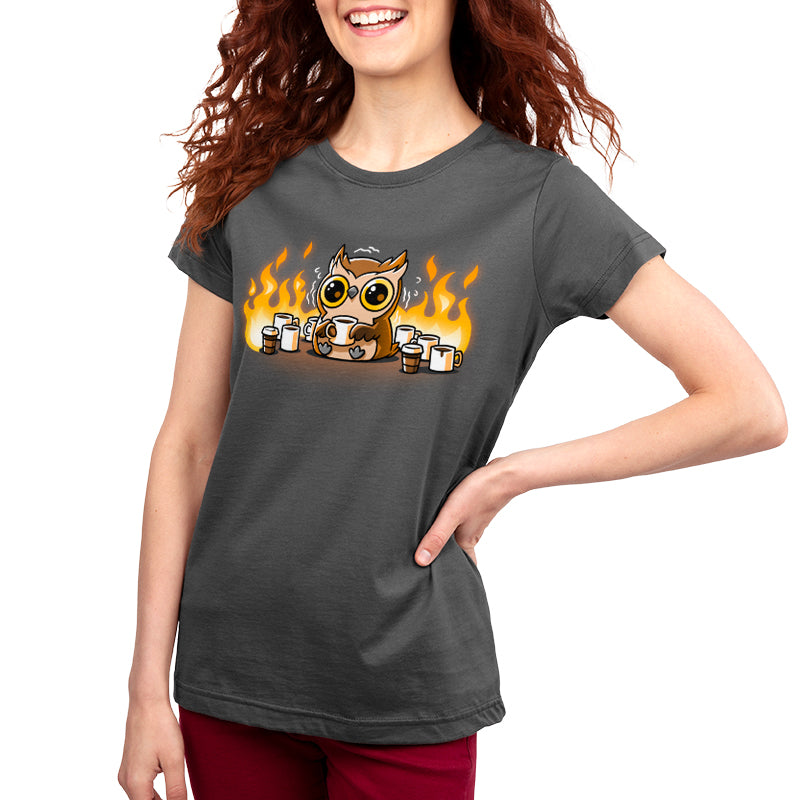 Premium Cotton T-shirt_TeeTurtle charcoal gray Owl I Need Is A Little Coffee t-shirt featuring an anxious, caffeinated owl with wide eyes holding a coffee cup surrounded by empty coffee cups with fire in the background.