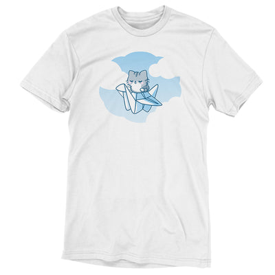 Premium Cotton T-shirt_TeeTurtle white Paper Crane Pilot apparel featuring a gray cat sitting on a folded paper crane flying in the cloudy sky.