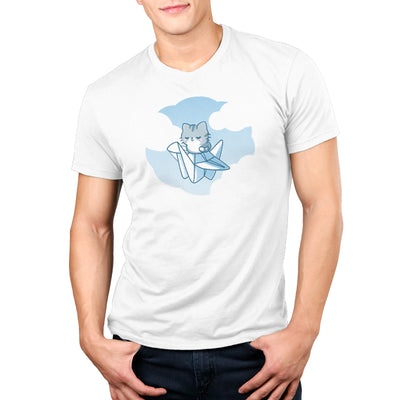 Premium Cotton T-shirt_TeeTurtle white Paper Crane Pilot apparel featuring a gray cat sitting on a folded paper crane flying in the cloudy sky.