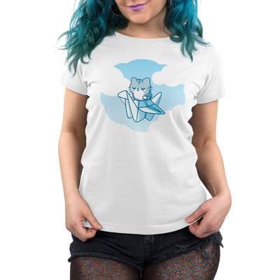 Premium Cotton T-shirt_TeeTurtle white Paper Crane Pilot apparel featuring a gray cat sitting on a folded paper crane flying in the cloudy sky.