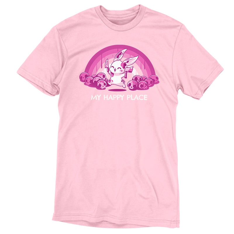 A light pink t-shirt showcasing a cartoon character on a rainbow with skulls beneath, and "MY HAPPY PLACE" printed below. This monsterdigital Pink Rainbows & Skulls design is crafted from super soft ringspun cotton for ultimate comfort.