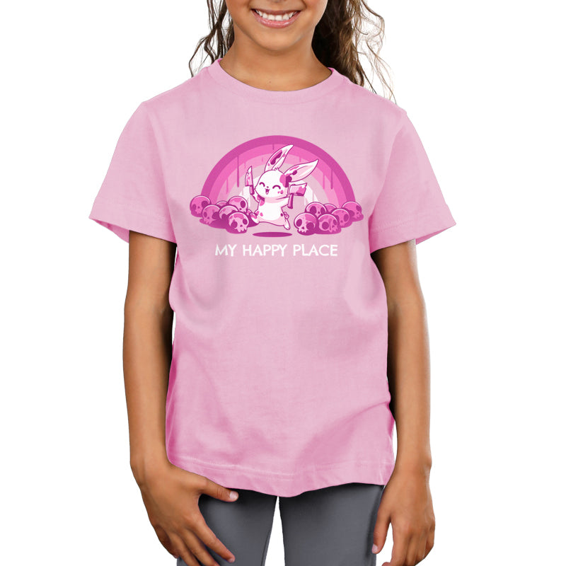 A child dressed in a super soft ringspun cotton pink t-shirt featuring an illustration of a white bunny with the text "My Happy Place" beneath a rainbow and surrounded by mushrooms by monsterdigital is wearing the Pink Rainbows & Skulls.