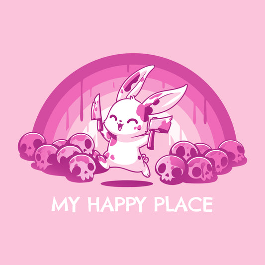 A cute cartoon bunny with knives, surrounded by skulls and standing under a pink rainbow on a super soft ringspun cotton pink t-shirt. The 