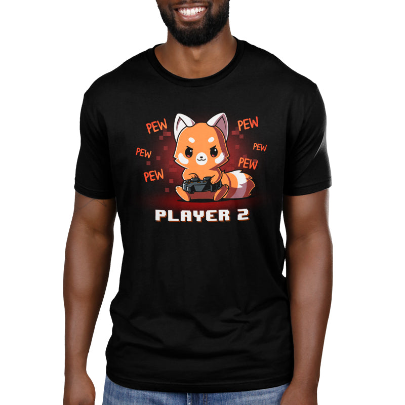 Man wearing a super soft ringspun cotton black monsterdigital T-shirt with a cute cartoon red panda holding a game controller and the words "PEW PEW PEW" and "Player 2 Red Panda" below the graphic.