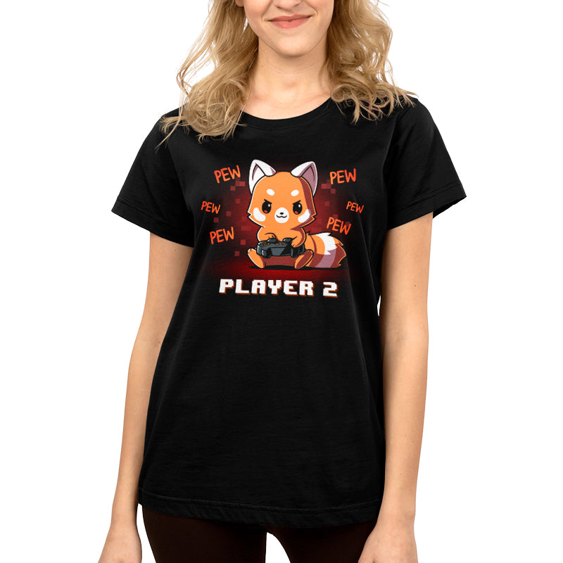 Person wearing a super soft ringspun cotton black t-shirt featuring a cute Red Panda playing video games with the text "PEW PEW" around it and "Player 2" written below the graphic. The t-shirt is called Player 2 Red Panda by monsterdigital.