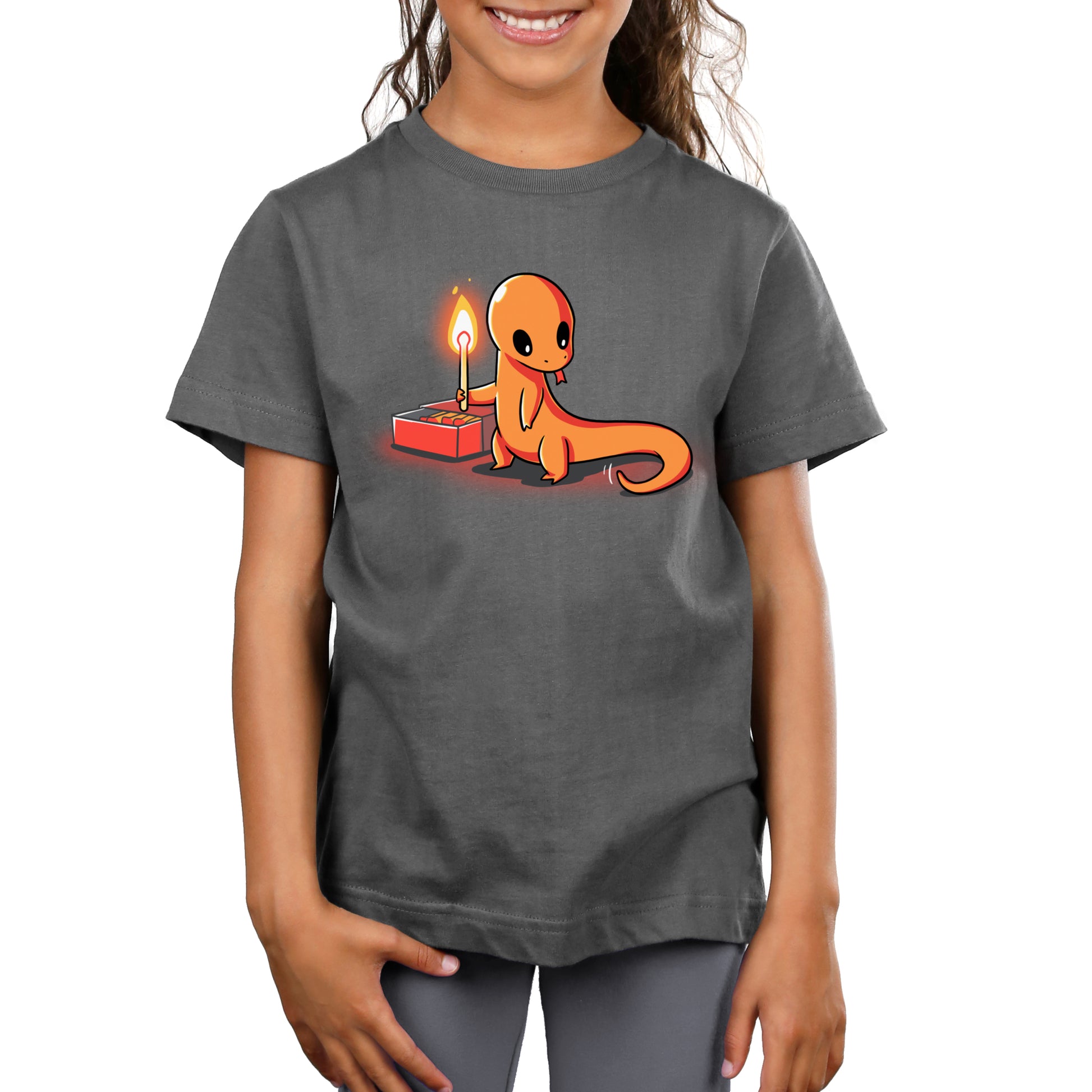 Premium Cotton T-shirt_TeeTurtle Playing With Fire Charcoal t-shirt featuring a cute orange salamander holding a lit match.