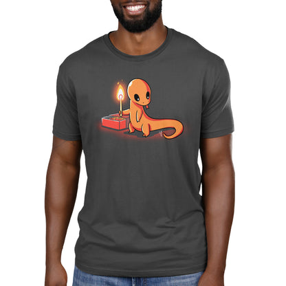 Premium Cotton T-shirt_TeeTurtle Playing With Fire Charcoal t-shirt featuring a cute orange salamander holding a lit match.