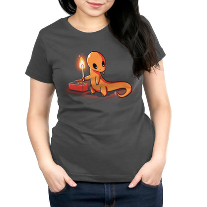 Premium Cotton T-shirt_TeeTurtle Playing With Fire Charcoal t-shirt featuring a cute orange salamander holding a lit match.