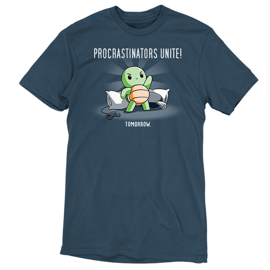 The Procrastinators Unite! (Tomorrow) by monsterdigital in denim blue features a cartoon turtle holding a pillow with the text 