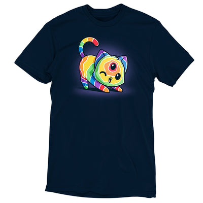 Premium Cotton T-shirt_TeeTurtle navy blue Psychedelic Cat apparel featuring a cat with a psychedelic fur pattern, and a third eye on its forehead winking as it stretches.