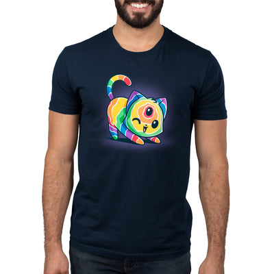 Premium Cotton T-shirt_TeeTurtle navy blue Psychedelic Cat apparel featuring a cat with a psychedelic fur pattern, and a third eye on its forehead winking as it stretches.