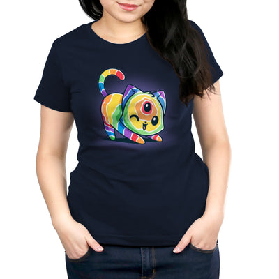 Premium Cotton T-shirt_TeeTurtle navy blue Psychedelic Cat apparel featuring a cat with a psychedelic fur pattern, and a third eye on its forehead winking as it stretches.