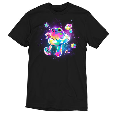 Premium Cotton T-shirt_TeeTurtle black Psychedelic Space Frogs apparel featuring a frog sitting on a giant mushroom surrounded by smaller frogs and mushrooms in vibrant, psychedelic colors floating in space.
