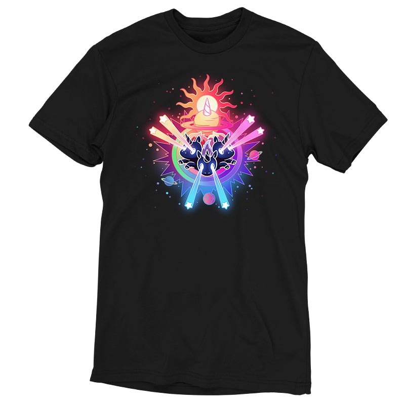 Premium Cotton T-shirt_TeeTurtle black Psychedelic Unicorns. Featuring unicorns shooting star-shaped lasers out of their eyes surrounded by psychedelic galactic elements.