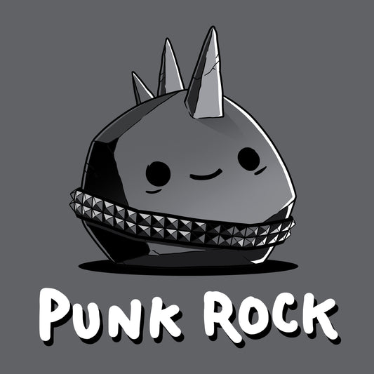 A stylized charcoal gray cartoon rock with spikes and a studded belt, labeled 