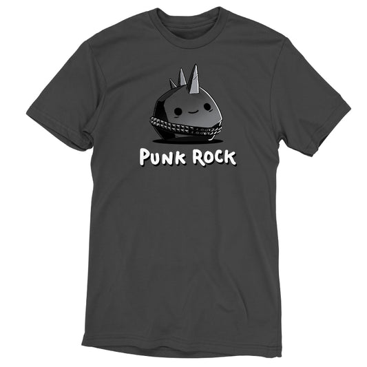 A charcoal gray T-shirt featuring a cute, smiling character with a mohawk and spiked collar, accompanied by the text 