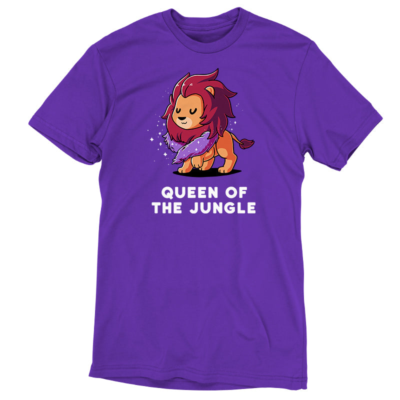 Premium Cotton T-shirt - Purple unisex apparelfeaturing an illustration of a lion wearing a cape, with the text "QUEEN OF THE JUNGLE" below the image. Made from super soft ringspun cotton for ultimate comfort. Introducing 'Queen of the Jungle' by monsterdigital.