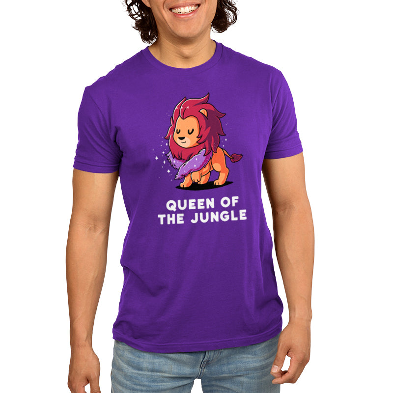 Premium Cotton T-shirt_TeeTurtle Queen of the Jungle purple t-shirt featuring a lion with a purple fur boa and closed eyes.