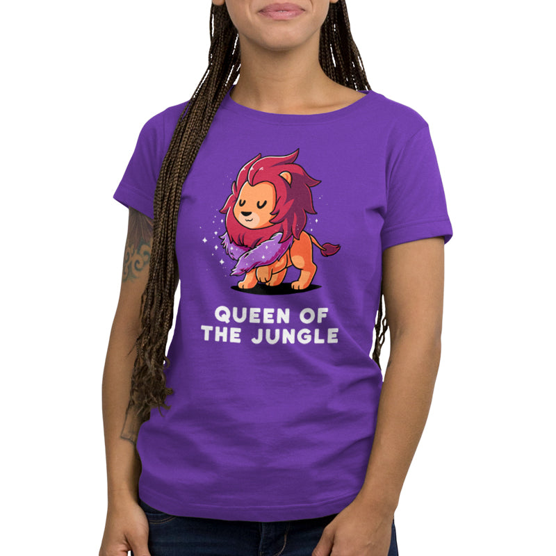 Premium Cotton T-shirt - Person wearing a monsterdigital Queen of the Jungle apparel, an ultra-comfy, super soft ringspun cotton apparelwith a cartoon lion and the text "Queen of the Jungle.