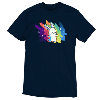 This navy blue women’s T-shirt, "Queer Vibes Only" by monsterdigital, features a cute white rabbit with a colorful rainbow shadow and sparkles on the chest, crafted from super soft ringspun cotton for ultimate comfort.