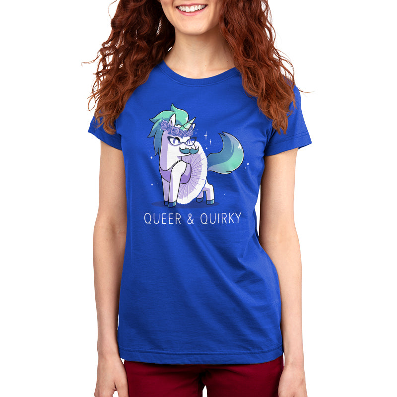 Premium Cotton T-shirt_Teeturtle Queer and Quirky Royal Blue Featuring a sparkling unicorn in a tutu and a crown of roses wearing glasses and sporting a moustache with the image above the words 'Queer and Quirky'.