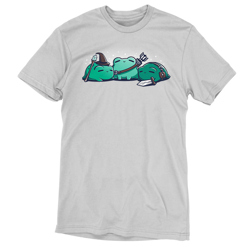 Gray kids T-shirt featuring a graphic of three cartoon frogs dressed as a wizard, a knight, and an archer. Product name: RPG Frogs by monsterdigital.