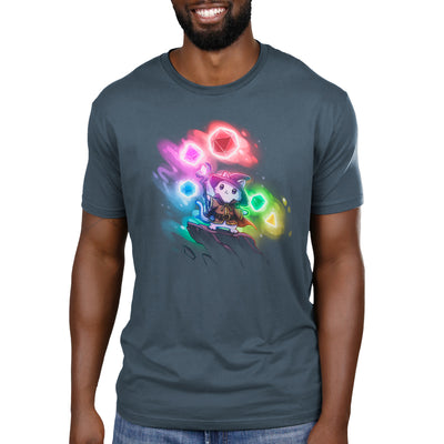 Premium Cotton T-shirt_TeeTurtle denim blue Dice Wizard apparel featuring a wizard cat standing on a rocky outcrop pointing its staff forwards with a set of dice in various colors floating in the background.