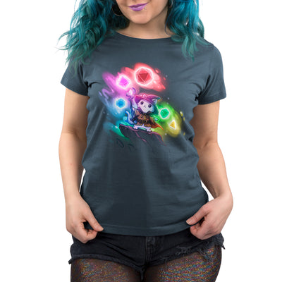 Premium Cotton T-shirt_TeeTurtle denim blue Dice Wizard apparel featuring a wizard cat standing on a rocky outcrop pointing its staff forwards with a set of dice in various colors floating in the background.
