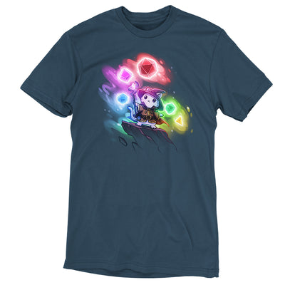 Premium Cotton T-shirt_TeeTurtle denim blue Dice Wizard apparel featuring a wizard cat standing on a rocky outcrop pointing its staff forwards with a set of dice in various colors floating in the background.