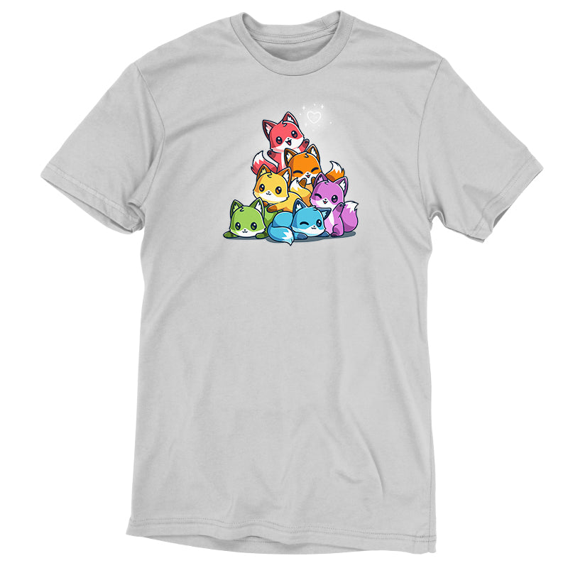 Gray T-shirt featuring a colorful graphic of six cartoon foxes in a playful arrangement. This super soft ringspun cotton T-shirt, the Rainbow Foxes by monsterdigital, offers a unisex fit, making it perfect for anyone looking to add some fun to their wardrobe.