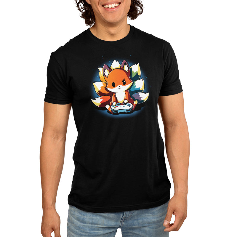 Person wearing a super soft ringspun cotton black Rainbow Gamer t-shirt by monsterdigital with a cartoon fox holding a game controller printed on it, standing and smiling.